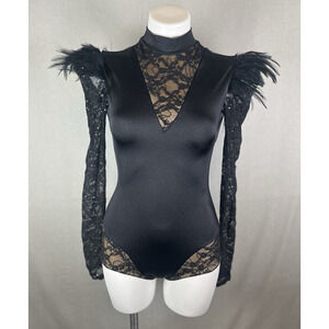 Kelle Dance Costume Leotard Bodysuit Adult Small Black Sequin Lace Feathers READ
